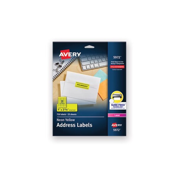 Avery, HIGH-VISIBILITY PERMANENT LASER ID LABELS, 1 X 2 5/8, NEON YELLOW, 750PK